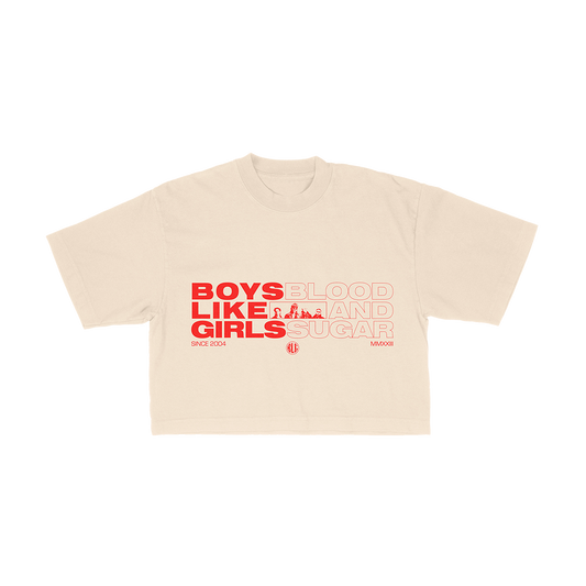 Official Boys Like Girls Merchandise. Flowy fit crop top featuring the text block design.